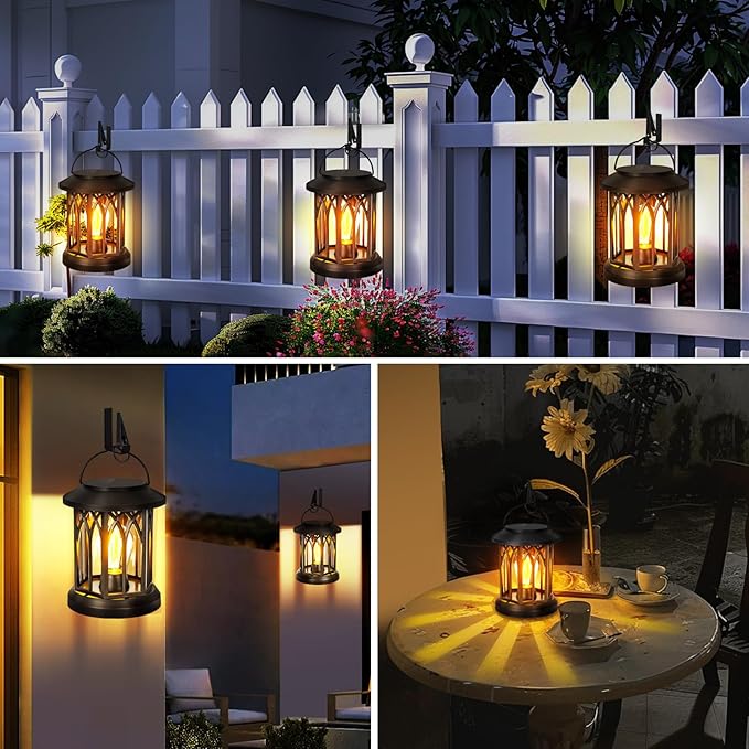 Hanging Solar Lanterns Outdoor Waterproof - 2 Pack Outdoor Lantern Decorative, Hanging Solar Lights for Outside, Outdoor Solar Powered Lantern with Handle & Clip for Patio Yard Decor
