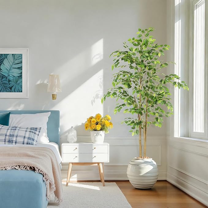 Tall UV Resistant Ficus Tree Artificial，5ft(60in) Faux Ficus Tree with Realistic Smooth and Shiny Leaves， Fake Trees Indoor Outdoor for Home Office Living Room Bedroom Foyer Porch Decor.