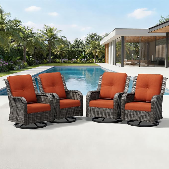 Joyside 4 Piece Outdoor Swivel Rocker Patio Chairs, Wicker Patio Furniture with High Back, Deep Seating, Wide Armrest, Thickened Cushions, Outdoor Rattan Furniture for Deck, Porch Use