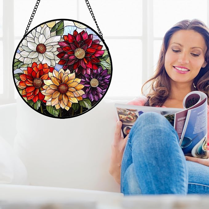 AMDERVEN Stained Glass Window Hanging, Colorful Flowers Sun Catcher for Window Door Home Decor Plant Suncatcher Christmas Mother's Day Birthday Gifts for Women Men Mom and Nana 6.3 in