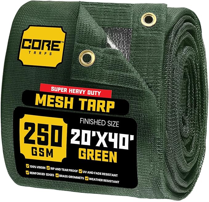Core Tarps 60% Green Shade Cloth with Grommets - 20 X 40 FT Heavy Duty Mesh Tarp - Sun Shade Cloth for Garden Vegetables Plants Greenhouse Outdoors Backyard Fences Dump Trucks Patio Mesh Shade Tarp