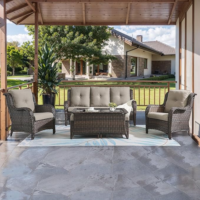 HUMMUH Outdoor Furniture 6 Pieces Patio Furniture Set Wicker Outdoor Sectional Sofa with 2 Patio Chairs,Ottomans,Coffee Table…