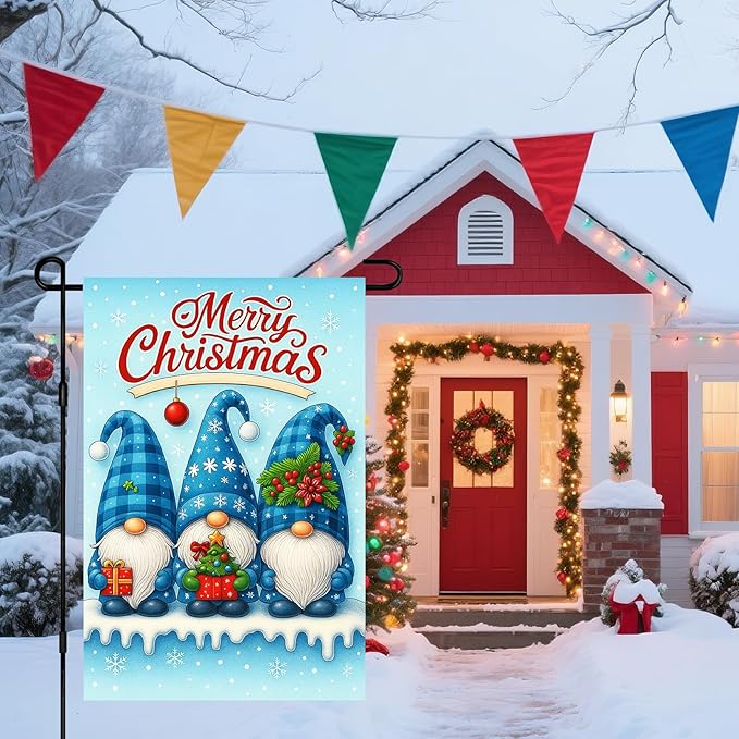 IVN Christmas Garden Flag 12x18 Inch Double Sided Blue Gnomes with Gifts and Snowflakes Outdoor Yard Flag for Outside Home Front Door Lawn Porch Patio Welcome Decor