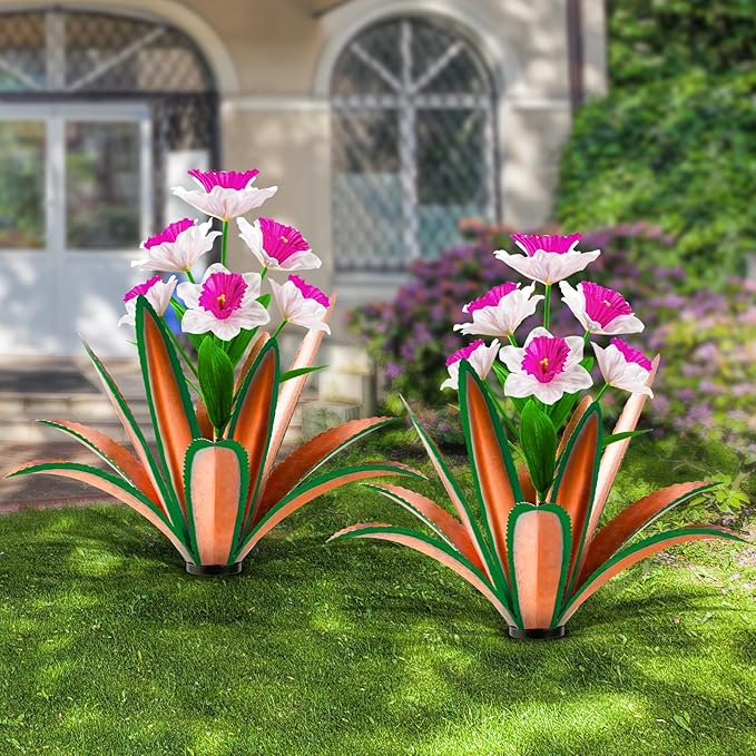 TOMBABY Huge Metal Agave Plants Outdoor Decoration Outdoor Garden Decorated with Flowers Mexican Yard Art Plant Garden Gift(red 2 Pack)
