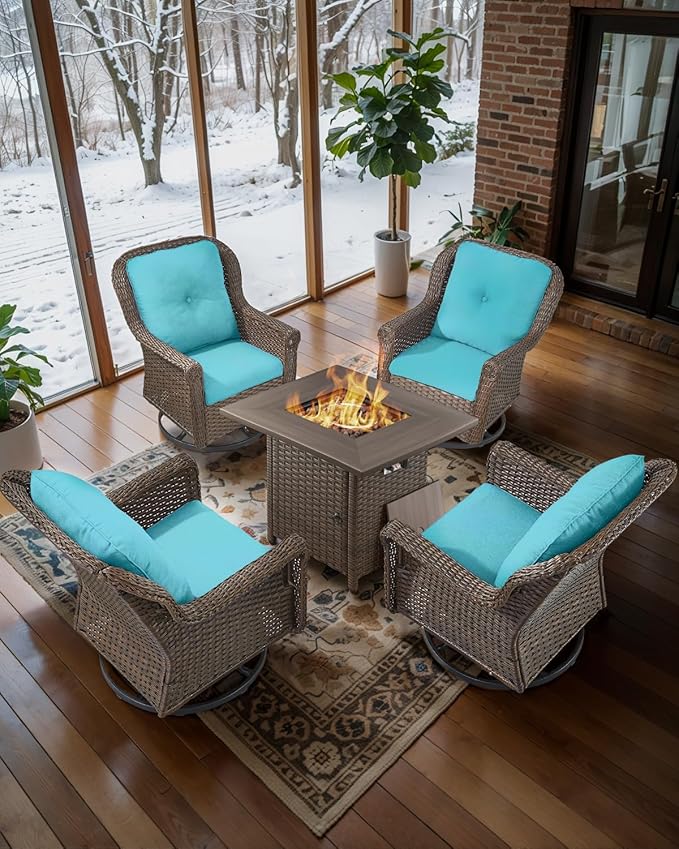 Patio Chairs Outdoor Swivel Glider - Set of 4 High Back Outside Brown Wicker Rattan Rocking Chair with Thick Cushion for Porch Apartment Deck Yard Poolside Garden - Turquoise