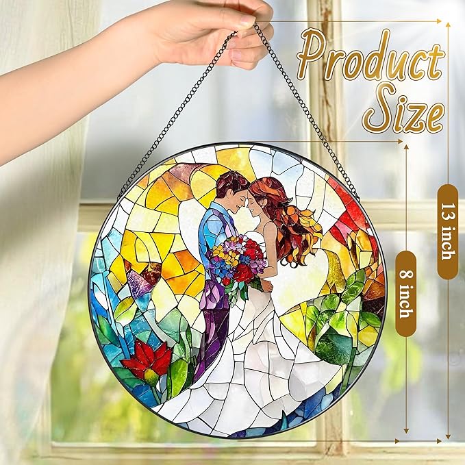 LAOWEIKI 8'' Romantic Couple Wedding Sun Catcher Ornament, Stained Glass Window Hanging, Suncatchers for Windows Hanging Ornaments, Window Decor | Ideal Gift, Wedding Gift, Gifts for Couple & Newlywed