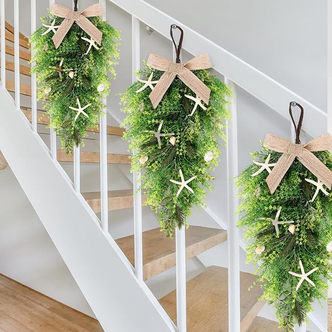 2 Pcs 24"Seashell Starfish Teardrop Swag Wreath with Green Leaves for Front Door Wedding Rustic Farmhouse Costal Starfish Conch Shells Wreath for Indoor Outdoor Spring Summer All Seasons Home Decor ﻿
