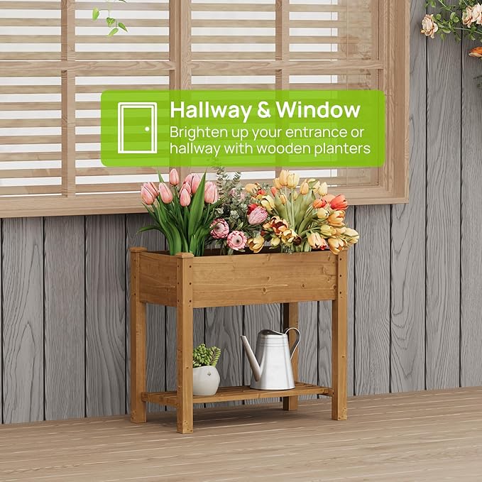 Raised Garden Bed, Planter Box with Storage Shelf, Elevated Wooden Planter Box with Legs, Garden Planter for Backyard, Patio, Balcony, Natural Wood (Brown, S)