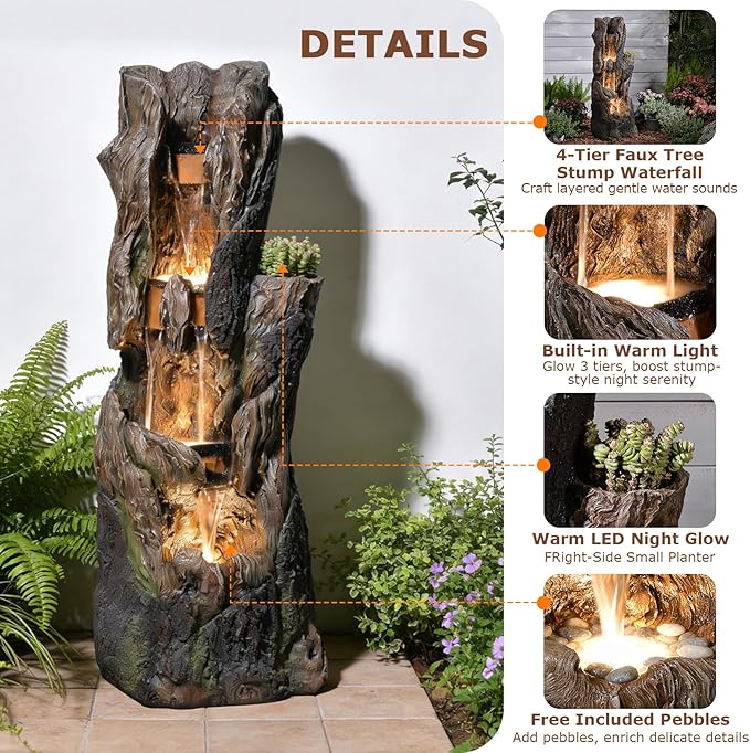 43.7''H Water Fountain Outdoor, 4 Tiered Large Tree Trunk Outdoor Freestanding Cascading Waterfall with LED Lights, Floor-Standing Water Feature for Garden, Yard, Patio, Porch, Home Art Decor