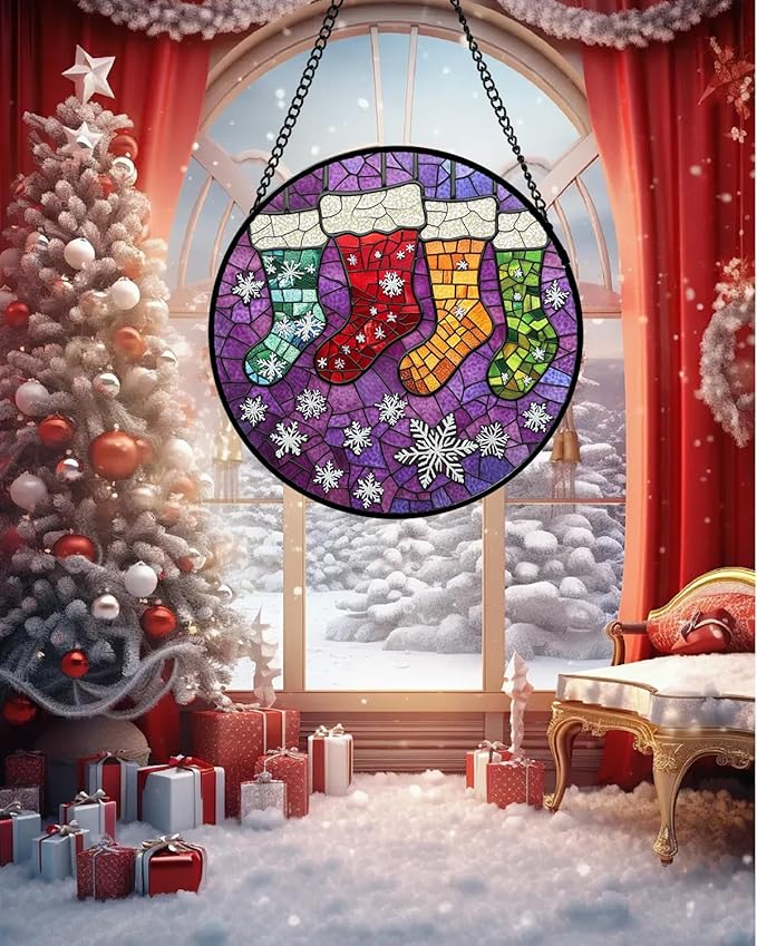 Stained Glass Window Hanging - Christmas Stockings Suncatcher for Doors Home Christmas Decoration Winter Sun Catcher Thanksgiving New Year Birthday Gifts for Women Men Mom Nana Girl 6.3 in