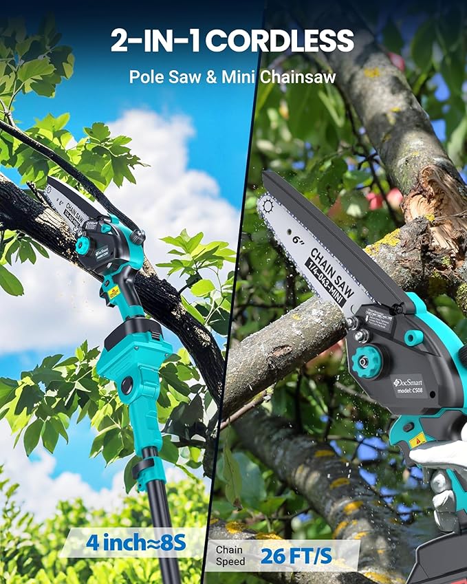 Cordless Pole Saw&6 inch Mini Chainsaw 2-IN-1, 2PCS 4000mAh Rechargeable Batteries for Electric Tree Trimmer, Branch Cutter with Extension Pole for Wood Cutting, Ideal Gifts for Men Dad