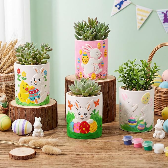 Zubebe 12 Pcs Easter Paint Your Own Bunny Ceramic Pots Bulk Unfinished Succulent Pots Painting Kits with Drainage Hole Mini Paintable Vase Ready to Paint Easter Gifts Basket Stuffers for DIY Craft