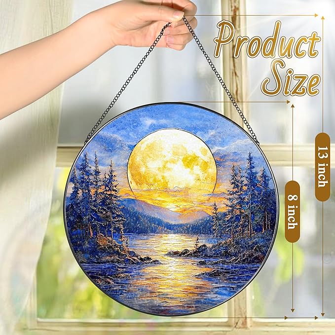 LAOWEIKI 8'' Full Moon Over Forest Lake Suncatcher Ornament, Stained Glass Window Hanging, Sun Catchers for Windows Hanging Ornaments, Window Decor | Gifts for Christmas, Birthday, Father's Day