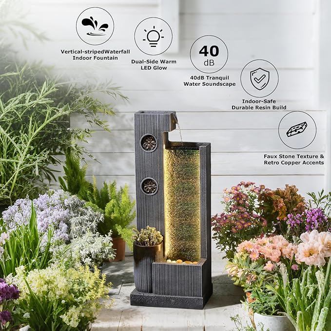 37’’ Tall Waterfall Fountain Indoor Modern Outdoor Water Fountains with LED Light,Vertical Striped Texture Floor Standing Water Feature for Patio, Yard, Garden or Home Decor