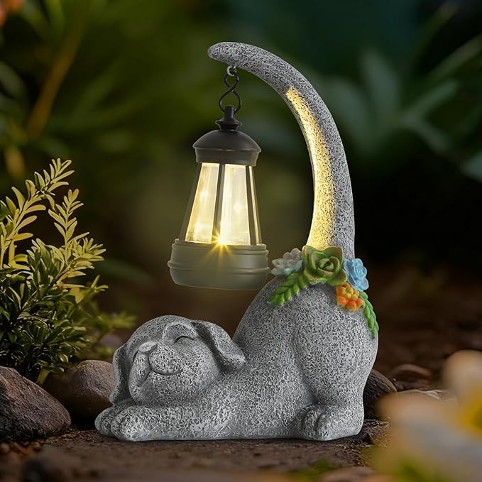 Ploxoiven Garden Cute Dog Gnome Statue Decorations - Solar Resin Dog with Solar Garden Lights Outdoor Decorations for Patio,Yard,Lawn,