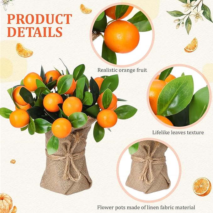 2 Pack Artificial Orange Potted Plants 9.45 Inches Fake Orange Tree Simulation Realistic Fruit Plant with Pot Faux Tree Indoor Decoration for Home Office Living Room Table Desk