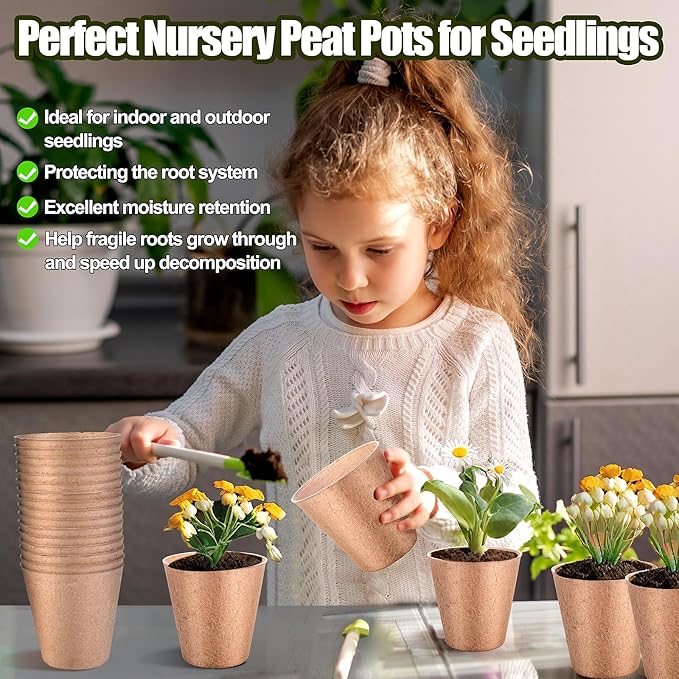 ARGCONNER 4 Inch Peat Pots, 50PCS Biodegradable Plant Starting Pots Round Nursery Pot, Garden Germination Nursery Pot Bonus 20 Plant Labels (4 Inch, 50P)