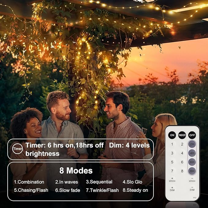 33FT 200 LED Fairy Lights Battery Operated with Timer & Remote, 8 Modes Dimmable Twinkle Lights, Waterproof Warm White Fairy String Lights for Outdoor Patio Wedding Mason Bedroom Classroom