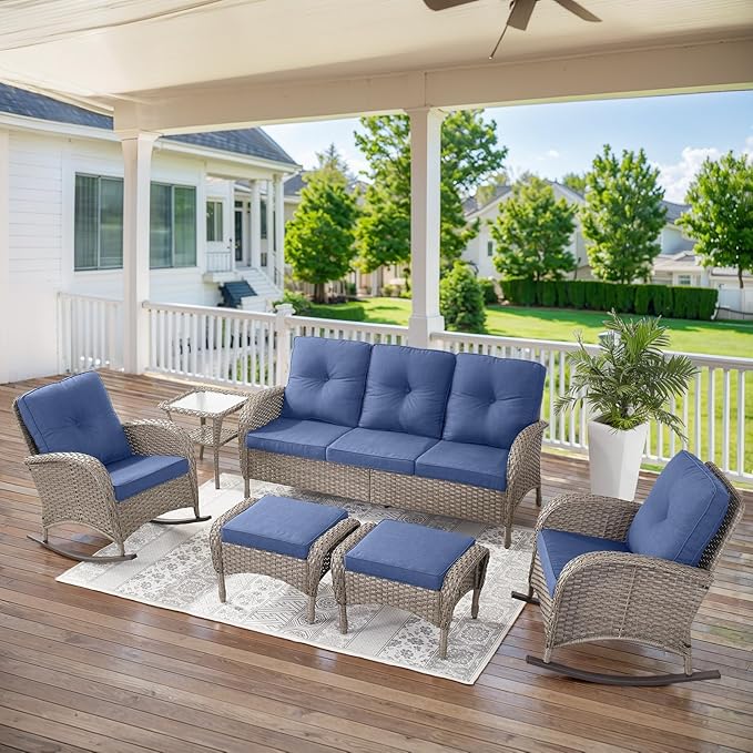 Belord 6 Pieces Patio Rocking Chairs Outdoor Furniture Set with Outdoor Couch and Ottoman Conversation Patio Furniture Set Perfect for Deck Sunroom Backyard