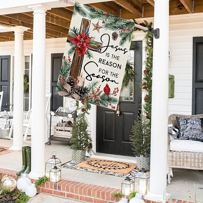 CROWNED BEAUTY Christmas House Flag Jesus Is the Reason for the Season 28x40 Inch Double Sided Religious Cross Decoration for Outside Yard CF1890-40