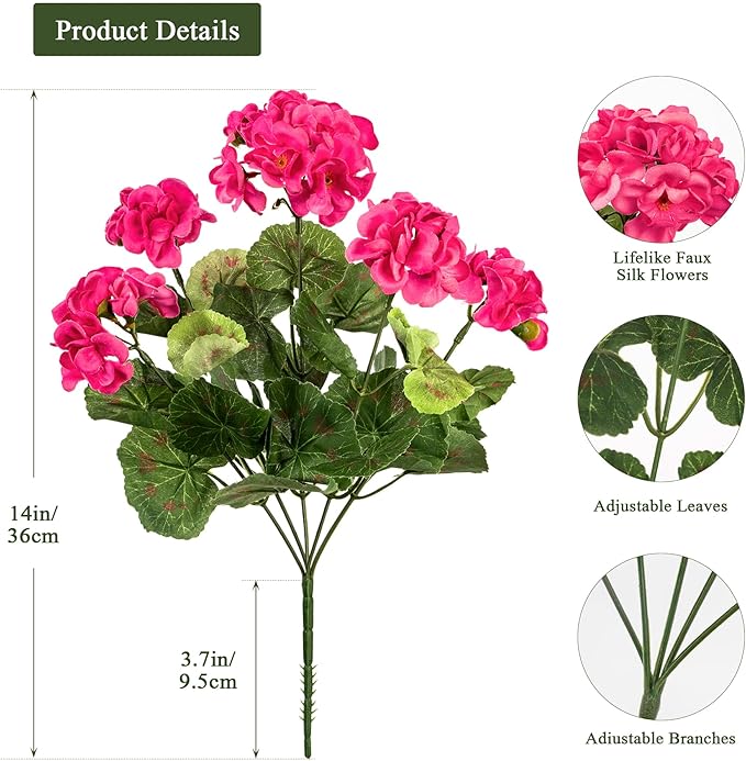 Uqueeten Artificial Flowers for Outdoors Artificial Geranium, 8PCSFake Flower Geranium Artificial Plant Home Decor,Silk Geraniums Artificial Flowers Realistic Outdoor Decoration 14.4"(Rose Red)