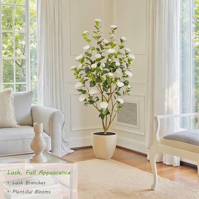 Nafresh 5FT Lush Artificial White Camellia Tree Outdoor 2 Pack, 60inch Faux Camellia Plant, Fake Camellia Flowers Tree for Indoor Outdoor Living Room Home Patio Front Door Garden Decor