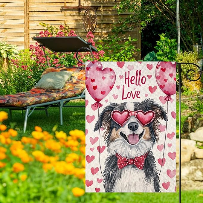 Valentine's Day Australian-Shepherd Hello Love Garden Flag, House Yard Plaid Love Heart Outside Decoration, Spring Holiday Wedding Anniversary Outdoor Small Decor 12x18(12651)