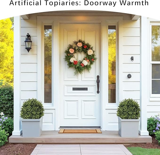 Azoco 27“ Realistic Artificial Boxwood Topiary Trees Set of 2, Faux Plants Outdoor UV-Resistant, Fake Evergreen Bushes & Shrubs for Front Porch Outside Planter Decor