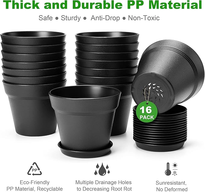 FHWTY 16 Pack Plastic Plant Pots with Drainage Holes and Tray, 4 inch Thickened Indoor Planters Seedlings Nursery Pots for Flowers, African Violet, Succulent and All House Plants, Black