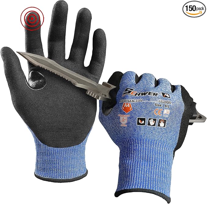 Schwer A4 AIR-SKIN Cut Resistant Work Gloves AR3900 with Extreme Lightweight & Thin, Grip Gloves for Fishing, Refined Work, Mechanic, Gardening, Touch-Screen, Non-PFAS, 3D-Comfort Fit, 150 Pair, M