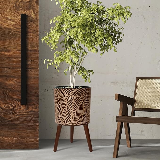 Opnons 12inch Black Plant Pots for Indoor Plants Large Boho Flower Pot with Stand Modern Planters with Gold Floral Embossed Standing Planter with Drainage for Living Room, Office, Garden or Balcony