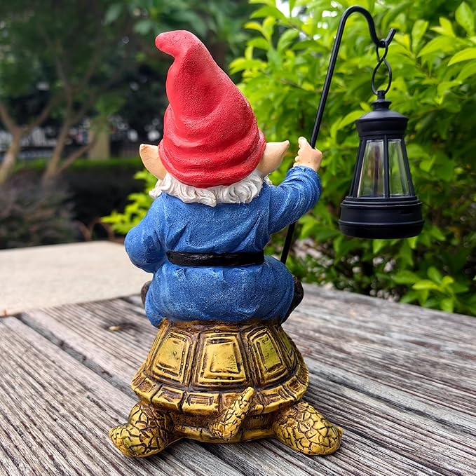 Garden Gnome Statue - Riding Turtle Outdoor Garden Statue Decorations with Solar LED Lights, 7.9" Figurine Ornament for Patio, Yard, Funny Lawn Decor Valentine's Day Gifts for Her, Wife, Sister
