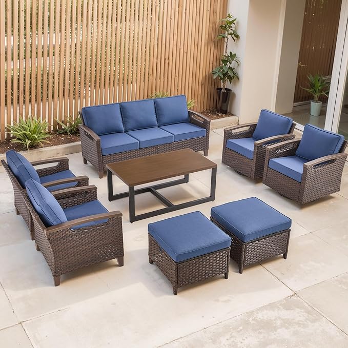 Rilyson Wicker Outdoor Patio Furniture Set - 8 Piece Patio Conversation Sets with Swivel Rocker Chairs, Chairs, Ottomans, Sofa and Coffee Table, Thick Cushions, for Porch Deck Brown/Blue