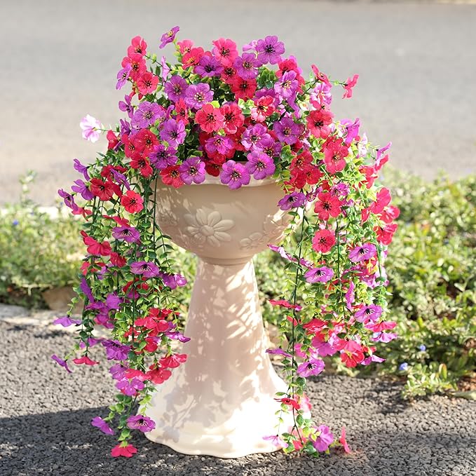 AmberFun Artificial Hanging Flowers for Outdoors,No Fade 2 Bundles Fake Silk Flowers for Outside, Realistic Faux Plants Decorations for Hanging Baskets, Planters-Porch, Patio, Yard Decor