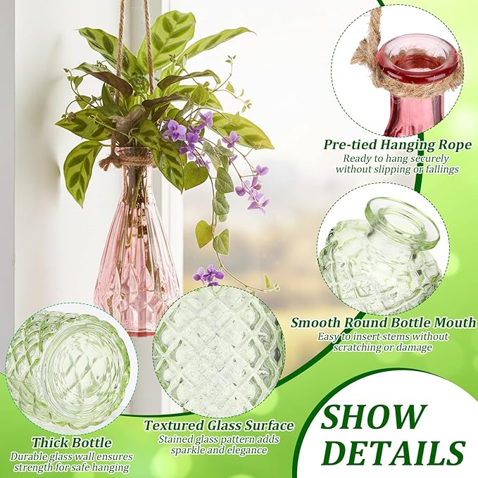 Teecyhooo 6 Pcs Stained Glass Hanging Vases Colorful Glass Terrariums with Rope Small Hanging Planters Pot Containers for Air Plants Flowers Garden Home Wedding Decor(Colorful Series)