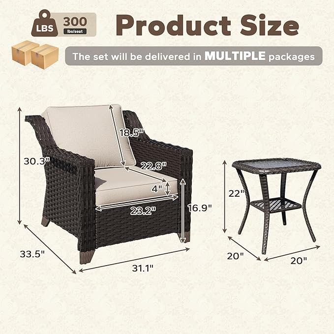 3 Pieces Patio Conversation Furniture Set - 2 Armchairs, 1 Side Table, Outdoor Wicker Furniture with Removable Cushions for Porch, Balcony, Deck, Sunroom (Beige)