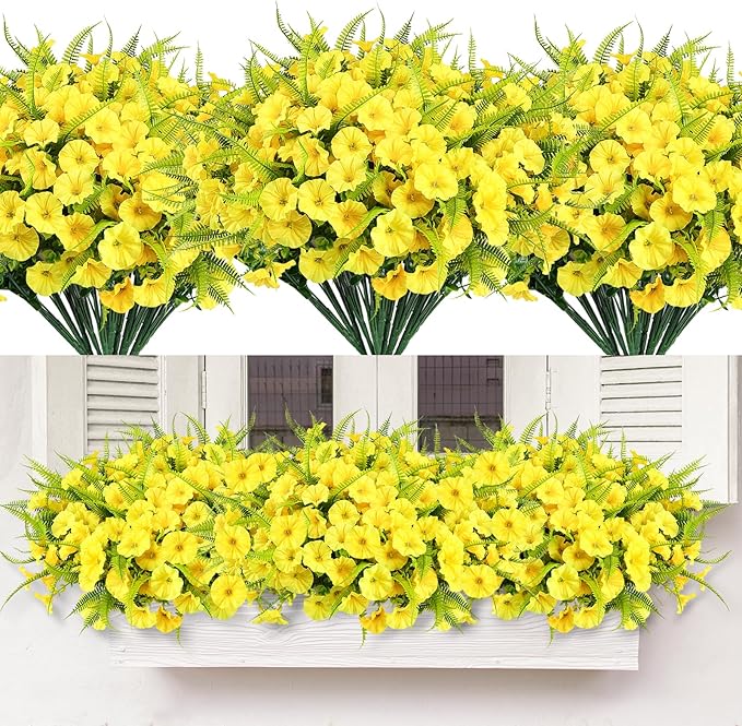 HIAGROW Artificial Flowers Outdoors 12 Bundles Yellow Artificial Petunias Fake Flowers UV Resistant Shrubs Plants with Fern for Indoor Outside Hanging Planters Home Garden Summer Decorations