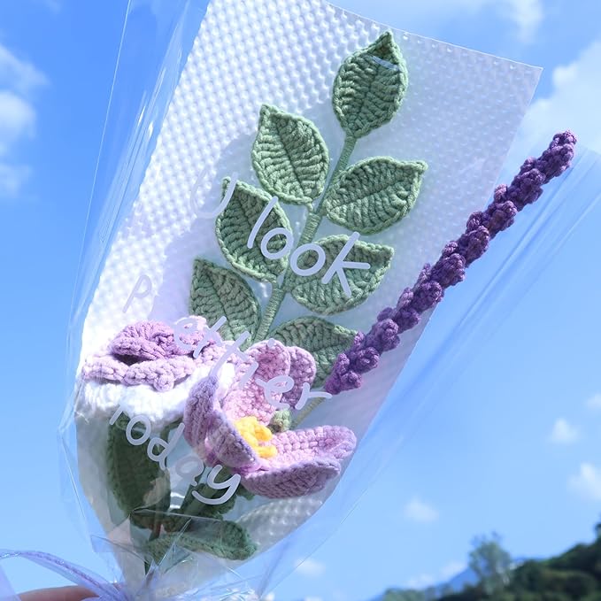 YOOJEE Crochet Purple Ombre Rose Tulip Bouquet Christmas Day Gift - Pet-Safe Handmade Knitted Florals for Women Coworkers Teachers with Greeting Card