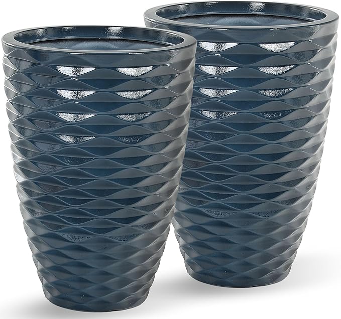 Ultym 19" H Coastal Planter for Indoor/Outdoor Plants, Set of 2 Large Flower Pot with Drainage Hole, Weather/UV Resistant Resin Planters for Garden Patio Porch Home office Decor, Glossy Navy Blue Wavy