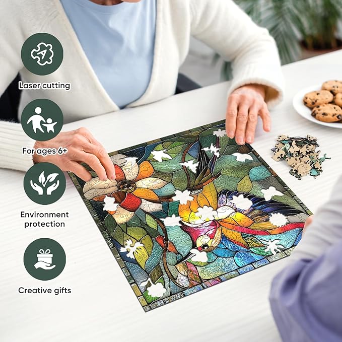 Qiuenisray Wooden Puzzles for Adults, Stained Glass Hummingbird Puzzle 200 Piece, FSC Certified Unique Animal Shape Wood Puzzles, Bird Jigsaw Puzzles for Family Friend 11.2x11.2 in