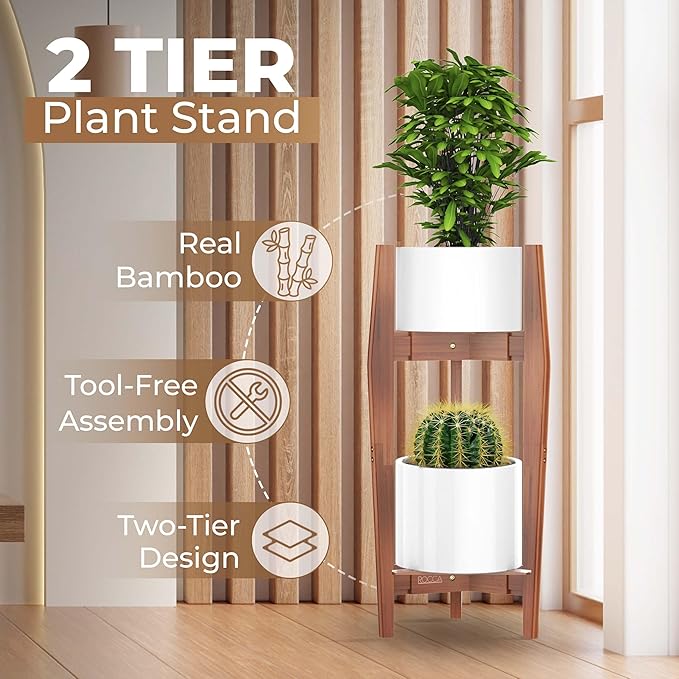 ROCCA 2-Tier Adjustable Width 8" to 12" Stackable Bamboo Tall Plant Stand Indoor, Corner Wood Plant Stand, Wooden Plants Holder, Plants Stands Indoor, Modern Pedestal Tables for Multiple Pots