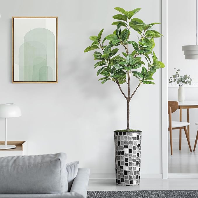 Artificial Tree in Modern Geometric Pattern Planter, Fake Rubber Silk TRE for Indoor and Outdoor Home Decoration - 70" Overall Tall (Plant Pot Plus Tree)