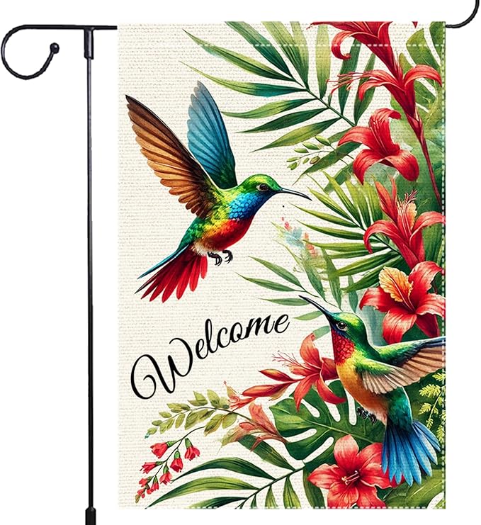 Welcome Hummingbird Garden Flag 12x18 Inch Burlap Double Sided Seasonal Colorful Floral Outdoor Home Yard Lawn Rustic Farmhouse Spring Summer Flags