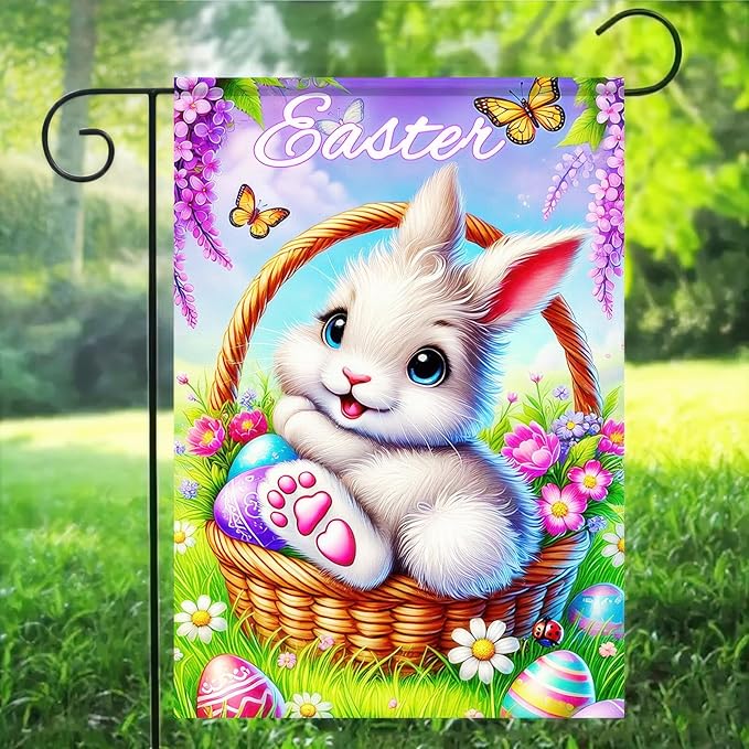 Happy Easter Bunny Garden Flag Double Sided 12 x 18 Inch Easter Egg Rabbit Easter Garden Flag Yard Flag Outdoor Flag Seasonal Decors for Spring Farmhouse Holiday Outside Decorative Banner