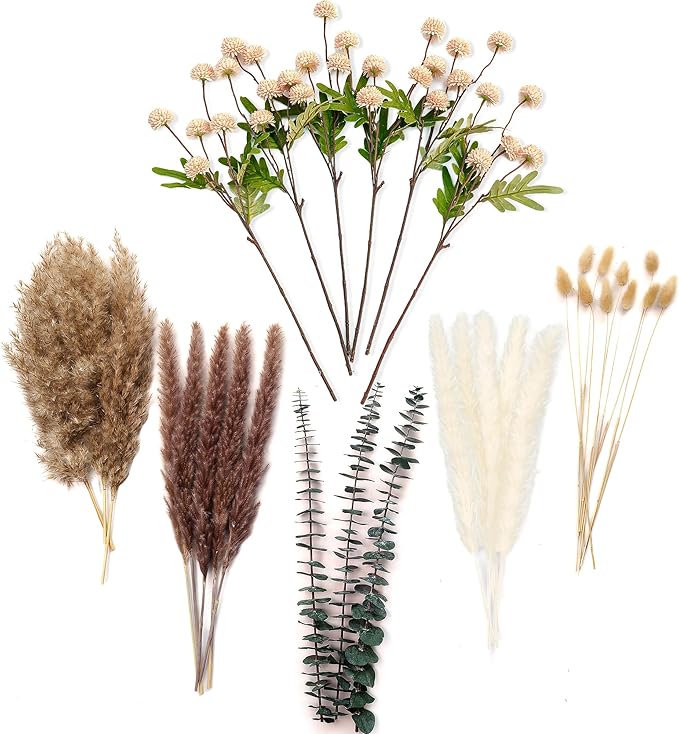 RoseTalk Simulation Flower Decor Luxury Faux Flower Arrangements – Realistic Artificial Flowers with Beige & White Peonies, Dried Pampas Grass, Bunny Tails & Eucalyptus