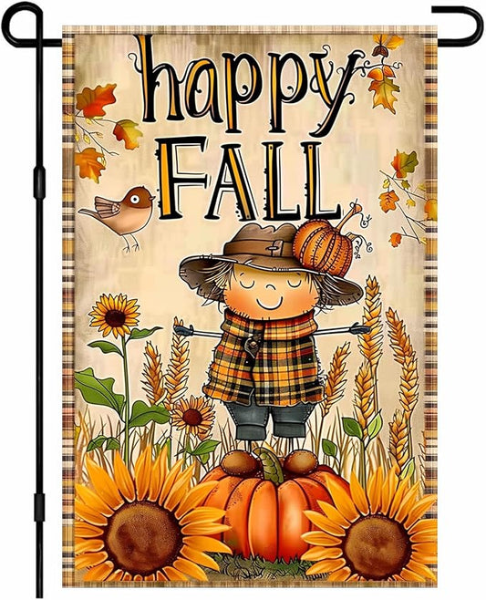 Happy Fall Garden Flag Thanksgiving Scarecrow Sunflowers Autumn Leaves Bird Harvest Decor 12x18 Inch Double Sided Flag For Front Porch Lawn Patio Seasonal Home Decoration For Outside