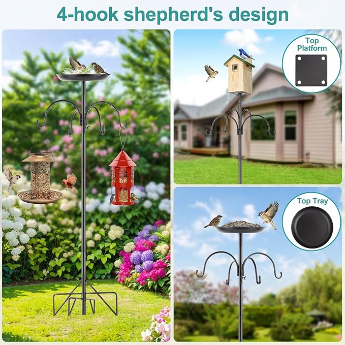 Eyrizon 4-Hook Shepards Hooks for Outdoor,90 Inch Bird Feeder Pole with 5 Prongs Base|Metal Tray&Birdhouse Platform,Heavy Duty Garden Hooks for Hanging Plant Baskets,Solar Light Lanterns,Wind Chimes