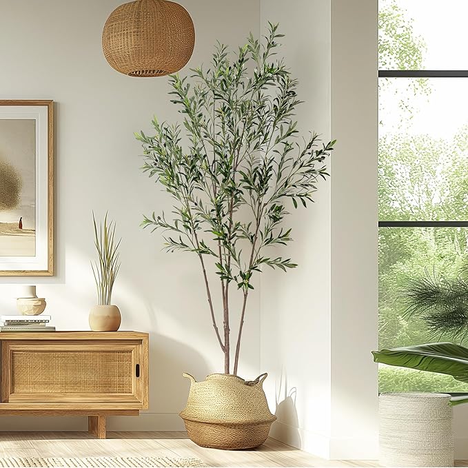 Erimda 8FT Artificial Olive Tree Tall Faux Silk Plant Tall Faux Olive Tree with Natural Wood Trunk & Lifelike Fruits Fake Potted Tree or Home Office Decor