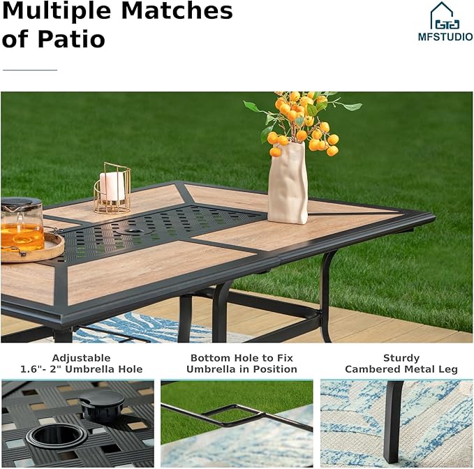 MFSTUDIO Outdoor Dining Set for 6, Metal Patio Table and Chairs Set, 7 Piece Wrought Iron Patio Furniture Dining Set for Deck Backyard Garden