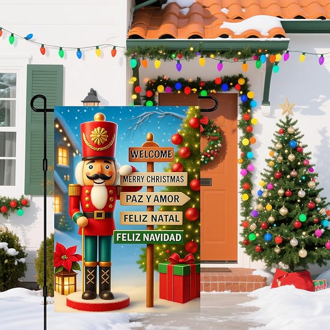 IVN Christmas Garden Flag 12x18 Inch Double Sided Nutcracker with Multilingual Holiday Sign Outdoor Yard Flag for Outside Home Front Door Lawn Porch Patio Welcome Decor